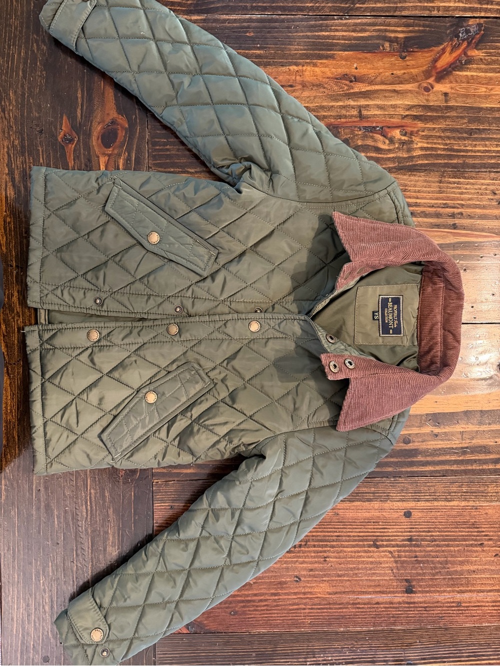 Quilted Olive Green Kids Puffer Jacket with Corduroy Collar